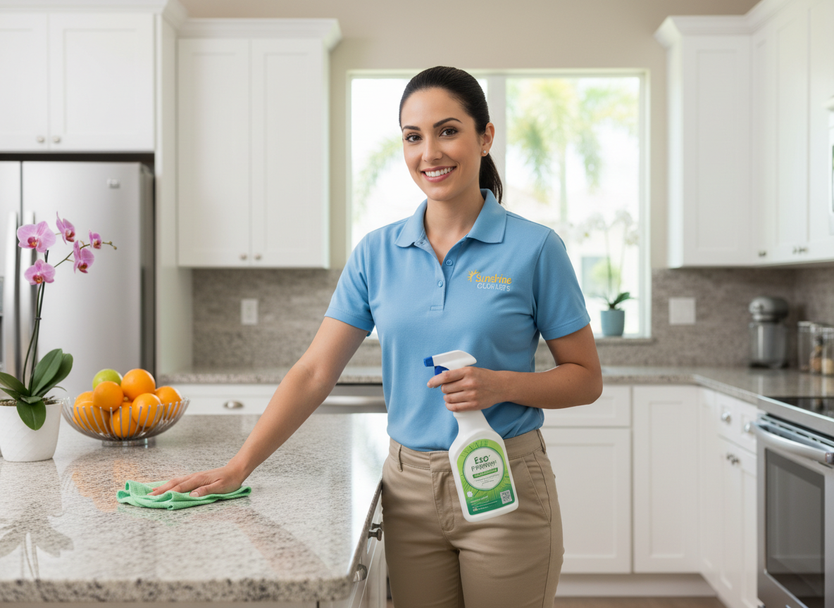 Professional photo of a smiling female cleaning professional in uniform cleaning a kitchen counter in a Florida home, holding cleaning supplies, looking professional and trustworthy, photorealistic